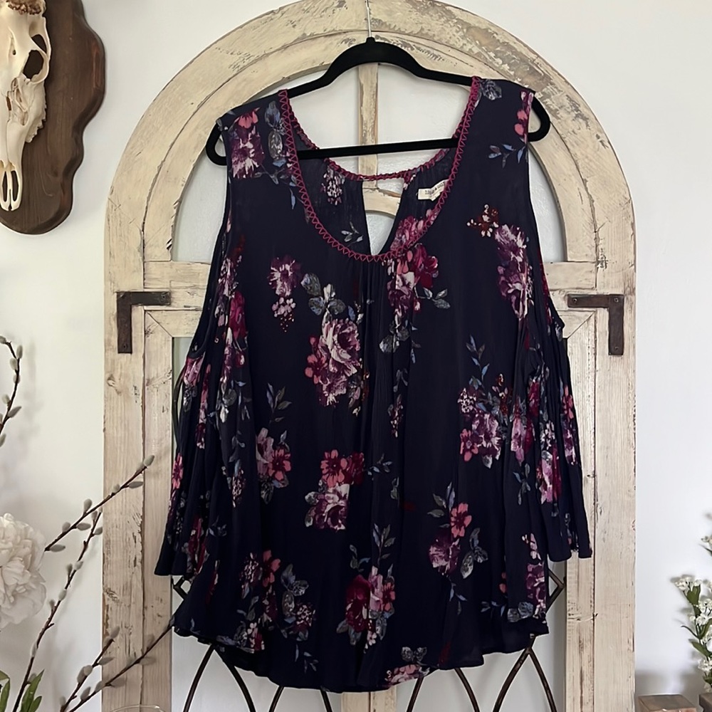 Purple floral cold shoulder top